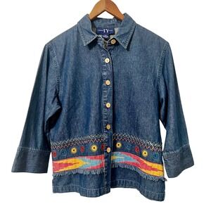 VTG TY Original Wear Denim Embroidered Wood Button Front Shirt Women 12P Fringed